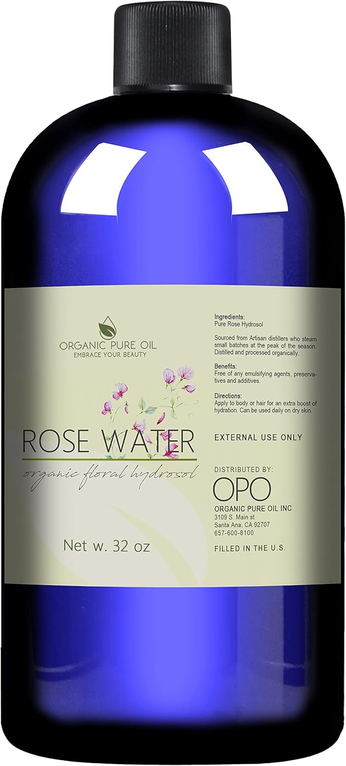 32 oz Rose Hydrosol Water – 100% Pure Rosewater Spray Mist Bulk – Hydrating Face Toner Rose Water for Skin and Hair Linen Spray for Sheets Room Freshener Body Spray Refill by Organic Pure Oil-Velvo Beauty