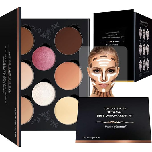 Youngfocus Cosmetics Cream Contour Best 8 Colors Contouring Foundation - Highlighting Makeup Kit/Concealer Palette - Vegan, Cruelty Free and Hypoallergenic - Instruction Manual(Face Blushes)-Velvo Beauty