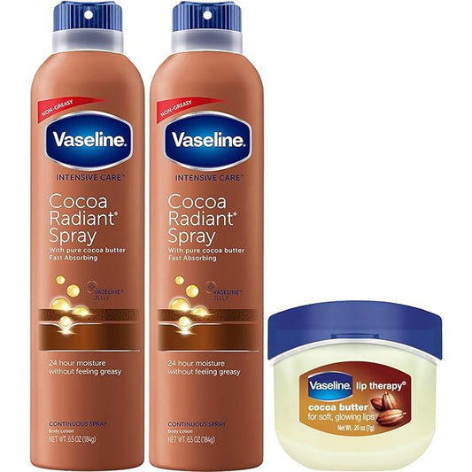 Vaseline Cocoa Radiant Spray Body Lotion 2-Pack + Mini Lip Therapy for Soft, Glowing Skin & Lips-Velvo Beauty