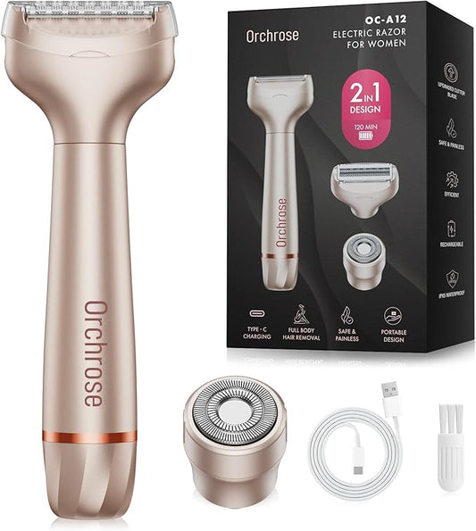 Electric Razor for Women Body: Rechargeable Painless Electric Shaver for Bikini Face Body Legs Underarms - 3-in-1 Blade and Rotary Shaving Head-Velvo Beauty