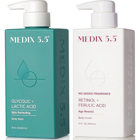 MEDIX Exfoliating Glycolic Acid Body Wash & Face Wash + Fragrance Free Retinol Body Lotion Skin Care Set | Crepey Skin Care Treatment | Lactic Acid Foaming Wash For KP Bumps, Keratosis Pilaris & Acne-Velvo Beauty