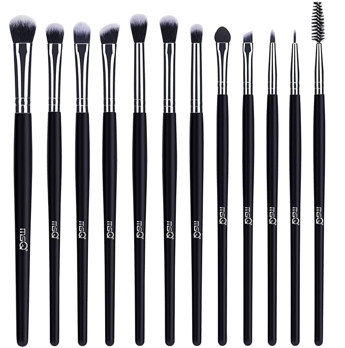 MSQ Eye Makeup Brushes 12pcs Eyeshadow Makeup Brushes Set with Soft Synthetic Hairs & Real Longer Wood Handle for Eyeshadow, Eyelash,Eyebrow, Eyeliner, Blending, Conclear(Black)-Velvo Beauty