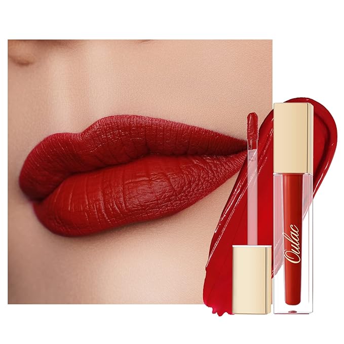 Oulac Matte Liquid Red Lipstick for Women, Deep Red Lip Gloss Creamy Matte Texture, Waterproof, Non-Stick Cup, Extra-Pigmented Lip Tint Stain with Vitamin E & Rose Oil, Vegan, Cruelty-Free, M01-Velvo Beauty