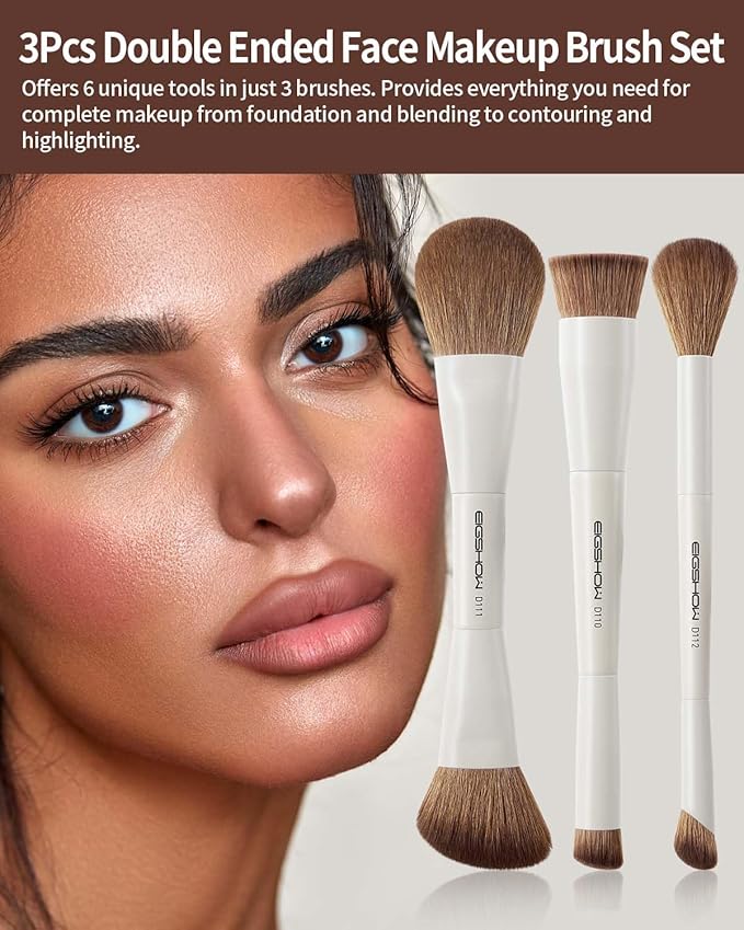 EIGSHOW Makeup Brush Set, 3Pcs Double Ended Face Makeup Brushes for Foundation Powder Contour Highlight Concealer Nose Shadow, Travel Gift Set (Beige)-Velvo Beauty