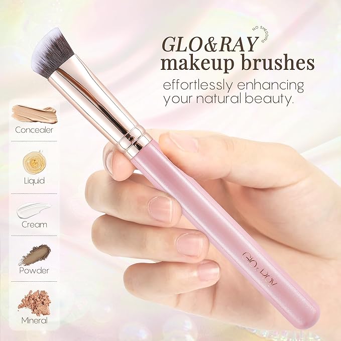 GLO&RAY Angled Concealer Brush with Cap – Flat Top Synthetic Makeup Brush for Under Eye, Spot Coverage, Travel Size Concealer Blending Tool for Liquid & Cream Application (Pink)-Velvo Beauty
