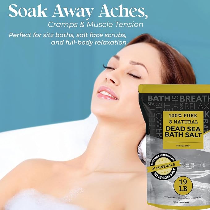 Aromasong Dead Sea Salt - Spa Bath Salt - 19 Lbs Fine Grain Bulk - 100% Pure - Better Absorbing Than Epsom Salt - Soak for Women & Men for Skin Issues and to Relax Tired Muscles - Resealable Pack.-Velvo Beauty