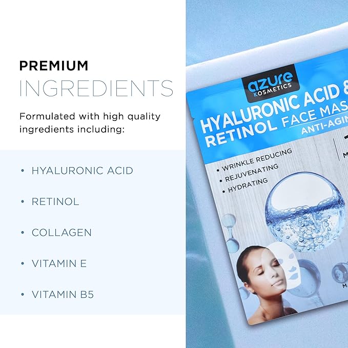 Azure Cosmetics Hyaluronic Acid & Retinol Face Mask - Dermatologist Tested - Rejuvenating & Hydrating Sheet Mask - Reduce Fine Lines & Wrinkles, Smooths & Repairs - Korean Skin Care - Pack of 5-Velvo Beauty