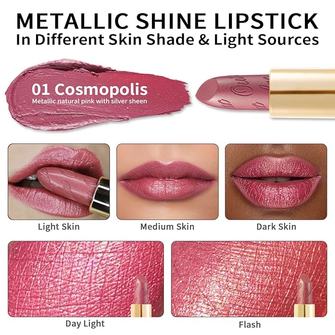 Oulac Pink Lipstick for Women with Metallic 3D Shine Lightweight Hydrating Formula, High Impact Lip Color, Vegan Beauty, Full Coverage Lip Makeup, Christmas Gifts for Women, Cosmopolis(01)-Velvo Beauty