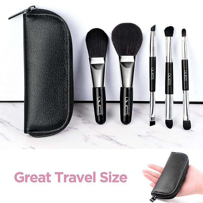 Travel Makeup Brushes Set w/Pouch, 5PCS Double Ended Portable Mini Cosmetic Brushes Kit for Foundation, Eyeshadow, Lip, Blush Make Up Brushes Professional(Black)-Velvo Beauty
