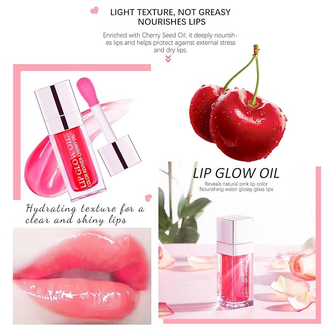 2 Set Lip Oil Hydrating Tinted Lip Balm, Plump Lip Gloss Lip Care Transparent Toot Lip Oil Tinted, Fresh Texture & Non-sticky, Nourishing Repairing Lightening Lip Lines Lip Care Products (Pink / Cherry)-Velvo Beauty