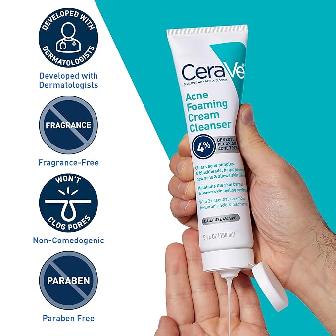 CeraVe Acne Foaming Cream Cleanser, 4% Benzoyl Peroxide Face Wash With Hyaluronic Acid, Niacinamide & Ceramides, Gentle Daily Acne Treatment For Face-Velvo Beauty