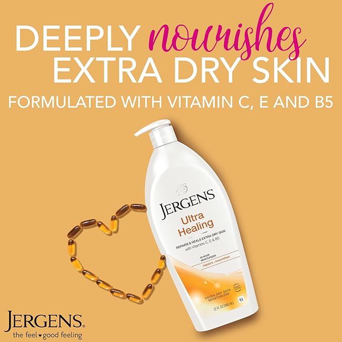 Jergens Ultra Healing Dry Skin Lotion, Hand and Body Moisturizer for Quick Absorption into Extra Dry Skin with Hydralucence Blend, Vitamins C, E and B5, White, 32oz-Velvo Beauty