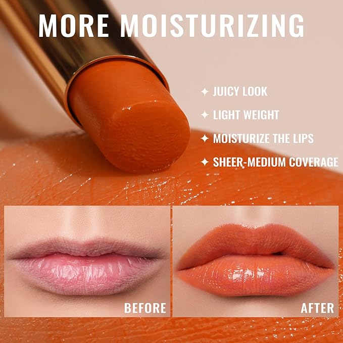 Oulac Orange Lipstick - Moisturizing Lip Stick Glossy Tinted Lip Balm, Sheer Shine Juicy Finish, Lightweight and Hydrating Formula for Dry Lip Care, Vegan 2.2g/0.07oz (08)-Velvo Beauty