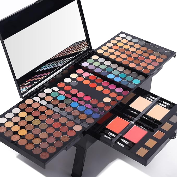 Professional Makeup Kit for Women with Mirror All In One Makeup Gift Set for Teens 180 Color Eyeshadow Palette 2 Blush 2 Powder 1 Eyeliner 4 Eyebrow Make Up Sets Matte Shimmer Mixing Pallet Eye Shadow-Velvo Beauty