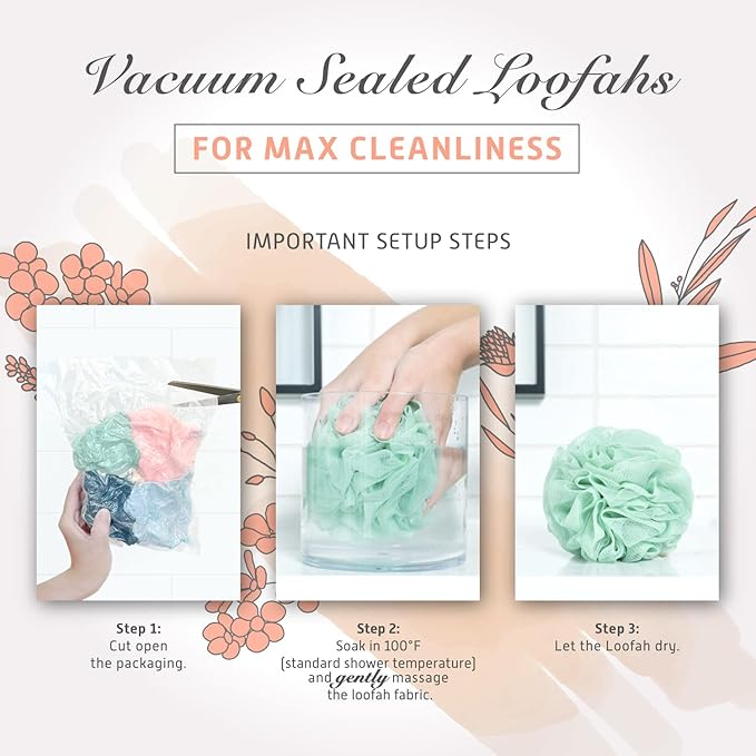 Spongentle Premium Deep Cleansing Loofah Sponge for Radiant Skin, Pack of 4, Bath and Shower, Exfoliating Body Scrubber, Beautiful Colors for Women and Men-Velvo Beauty
