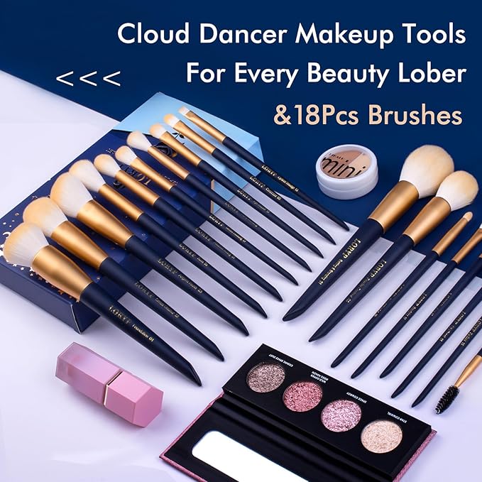 LORYP Makeup Brushes Set Labeled 18 Piece Face and Eye Brush Set Ultra soft hair Foundation, Concealer, Blush, Contour, Blending, Eyeshadow Blue Brush kit-Velvo Beauty