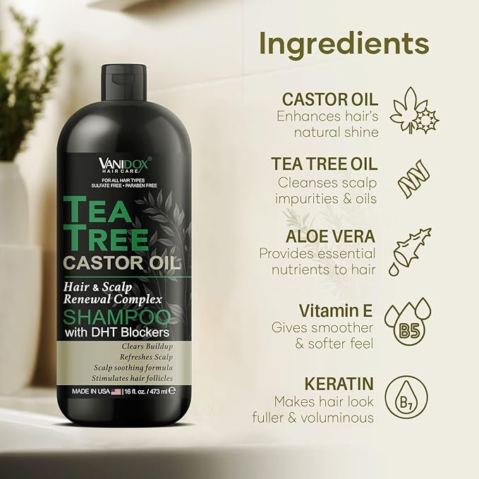 Tea Tree Oil Shampoo with Castor Oil, DHT Blockers, Itchy Scalp Relief, Supports Fuller Hair, Cleanses Dandruff & Buildup, For Men & Women, Made in USA, 16 fl oz-Velvo Beauty