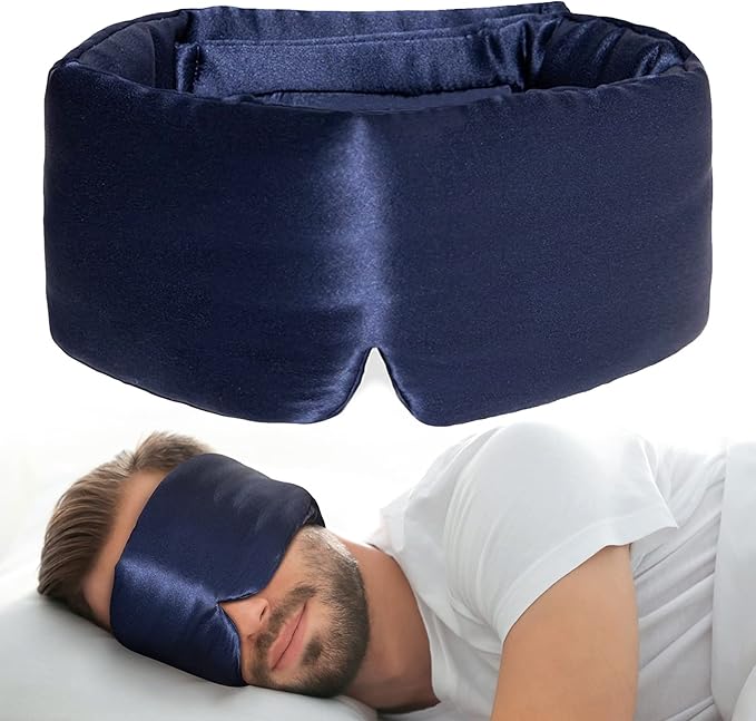 100% Natural Silk Eye Mask for Women Men, Soft Pressureless Cooling Blackout Eye Covers for Sleeping, Large Size Sleep Mask fits All Heads Adjustable, 1PC, Navy Blue-Velvo Beauty