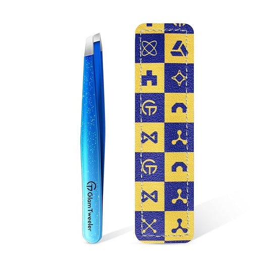 Expert Slant Tip Tweezers with Leather Travel Case, GlamTweeler Sharp & Precision Stainless Steel Tweezer for Eyebrows, Facial Hair and Fine Hairs Removal (Sparkle Royal Blue & Aqua)-Velvo Beauty