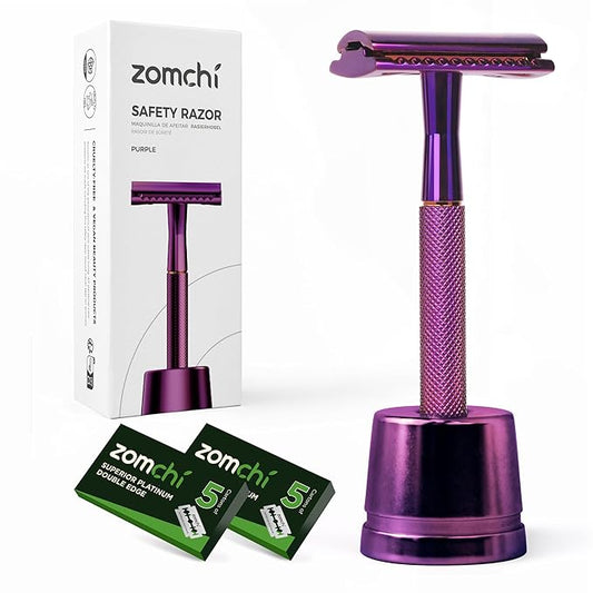 ZOMCHI Purple Double Edge Safety Razor with Stand,Reusable,10 Blades,Unisex-Adults – Purple-Velvo Beauty
