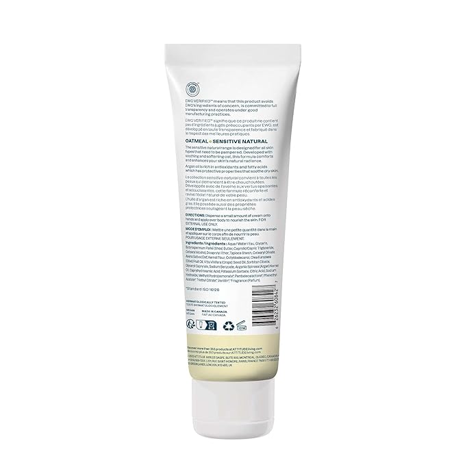 ATTITUDE Body Cream for Sensitive Skin with Oat, EWG Verified, Dermatologically Tested, Vegan, Argan Oil, 8 Fl Oz-Velvo Beauty