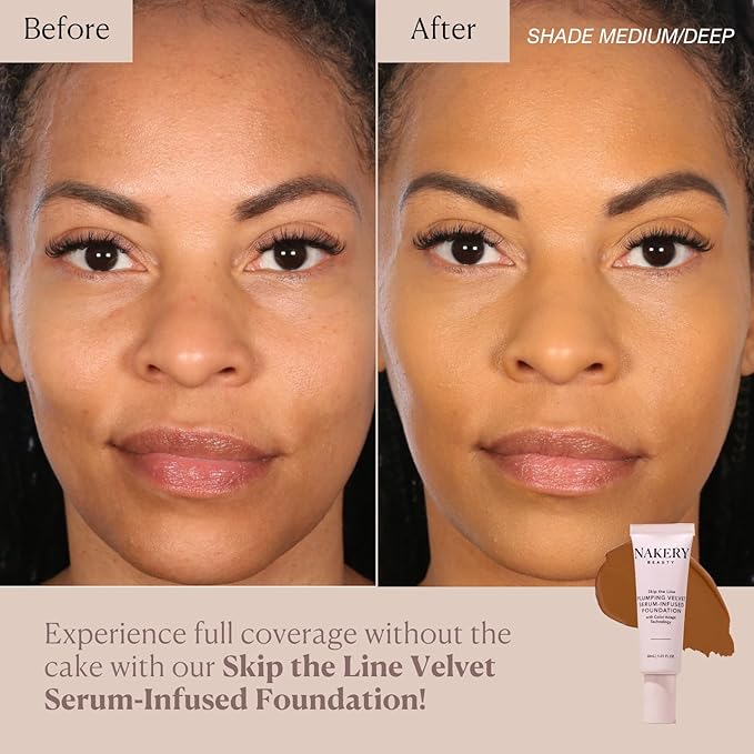 Nakery Full Coverage Plumping Liquid Foundation - Serum Infused Makeup with Niacinamide & Hyaluronic Acid for All Skin Types - Medium-Velvo Beauty