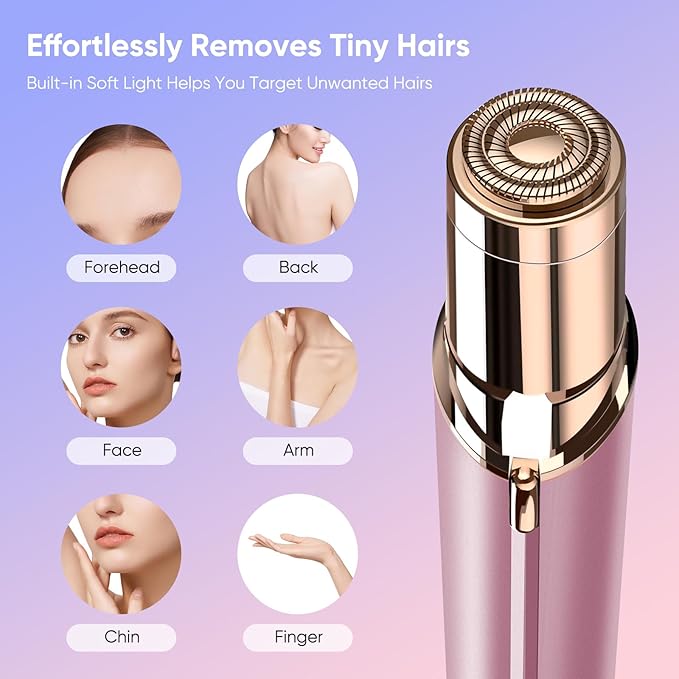 Facial Hair Removal for Women- as Seen on TV Painless Face Shaver -Painless Womens Facial Hair Remover with 2 Replacement Heads, Lipstick-Sized, USB Rechargeable(Rose Gold)-Velvo Beauty