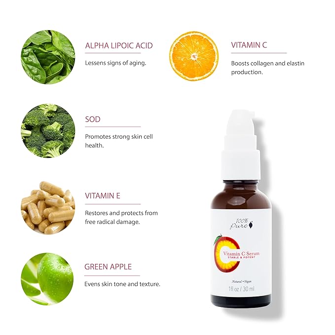 100% PURE Vitamin C Face Serum Hydrating Glow Skin Care with ALA Aloe + Vitamin E Oil - Daily Firming & Correcting Anti Aging Facial Moisturizer for Women & Men All Skin Types, Vegan - 1 Fl Oz-Velvo Beauty