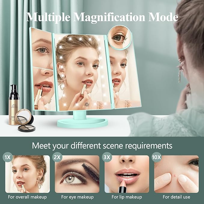 HUONUL Makeup Mirror Vanity with Lights, 2X 3X 10X Magnification, Lighted Mirror, Touch Control, Trifold Dual Power Supply, Portable LED Women Gift (Green)-Velvo Beauty