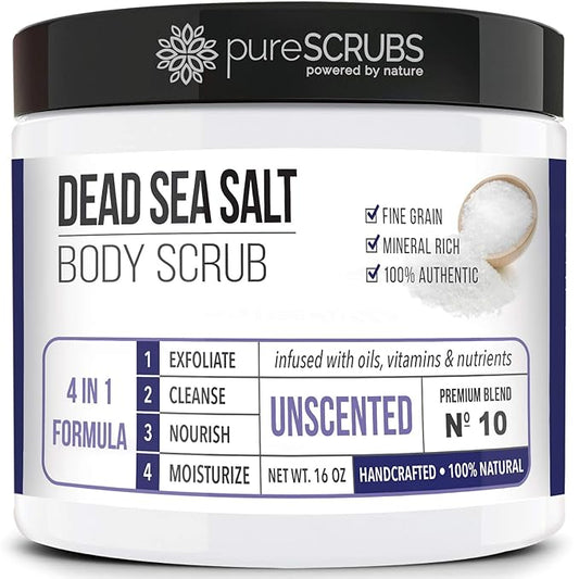 pureSCRUBS Premium Unscented Body Scrub Set - Large 16oz Dead Sea Salt Body Scrub With Infused Essential Oils & Nutrients, Includes Wooden Spoon, Loofah & Oatmeal Exfoliating Bar Soap-Velvo Beauty