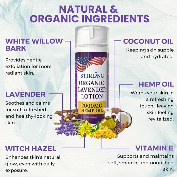 STIRLING Lavender Lotion β Organic Lavender with 2000mg Hemp Oil, Aloe Vera, and Vitamin E β Nourishing and Moisturizing Body Lotion for a Soft and Smooth Feel-Velvo Beauty