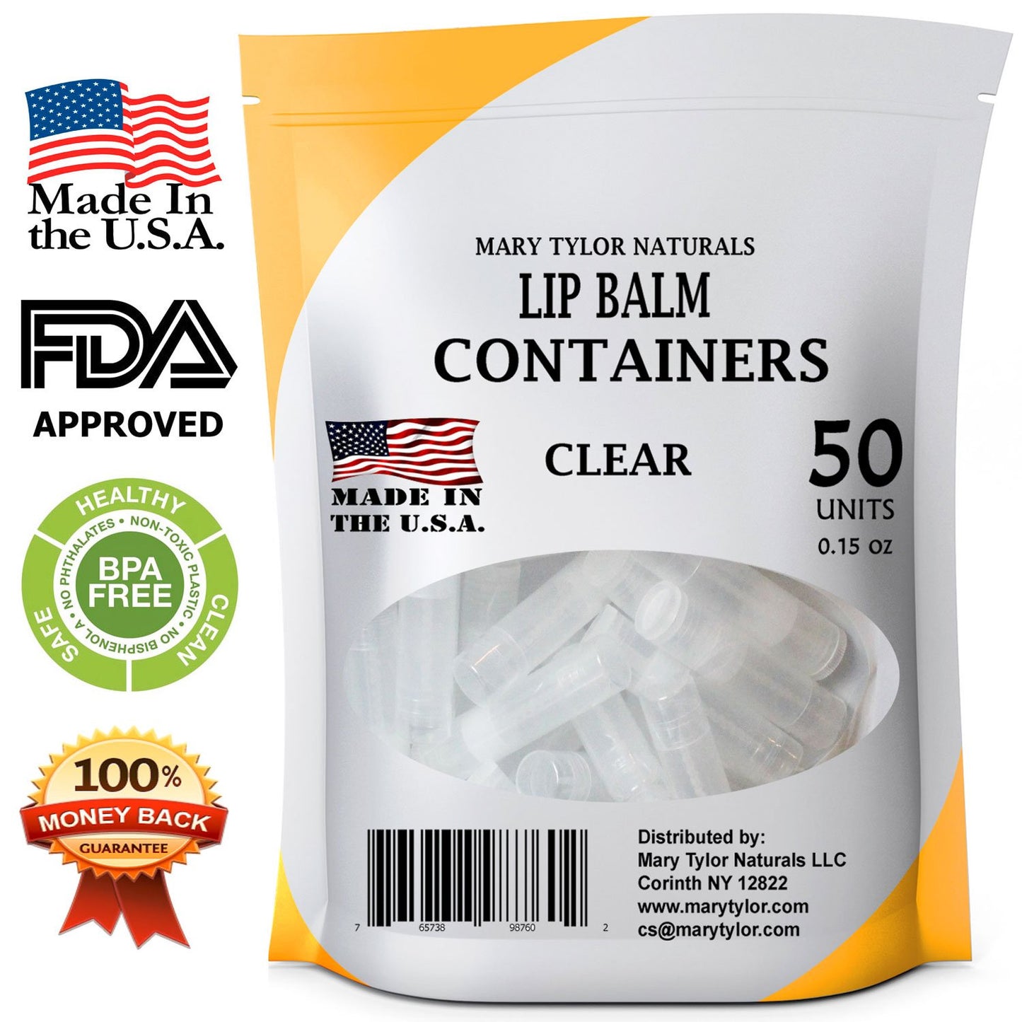 50 Clear Lip Balm Containers Round Tubes, BPA Free, Made in USA, 100% BPA Free, with Clear Caps For DIY Lipstick, homemade Lip Balms by Mary Tylor Naturals-Velvo Beauty