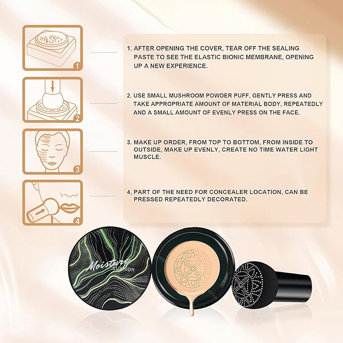 Mushroom Head Air Cushion CC Cream Foundation - Moisturizing & Long-Lasting BB Cream Concealer Makeup Base for All Skin Types, Brighten Long - Lasting Even Color Correcting Concealer (Buff Beige)-Velvo Beauty