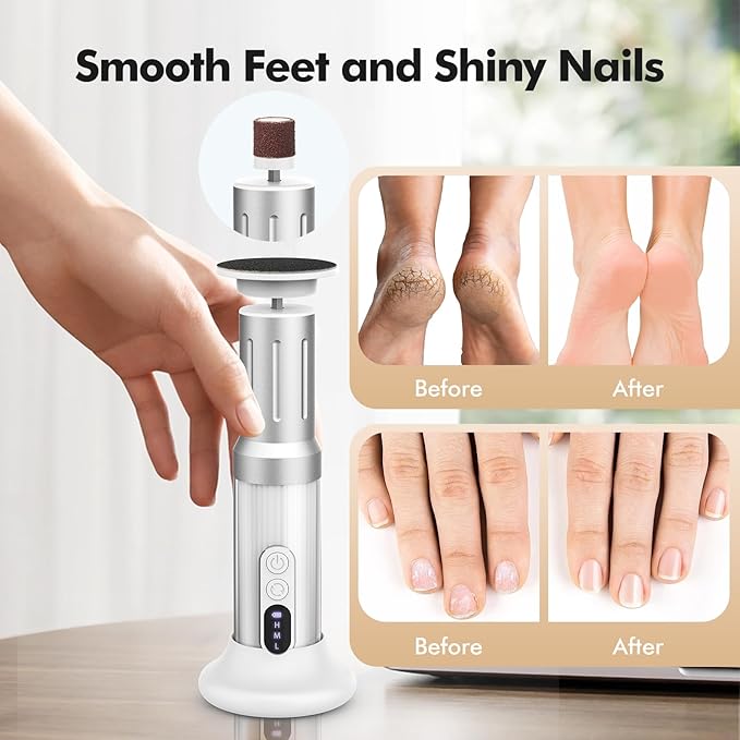Electric Foot Callus Remover Cordless Electric Foot Filer Kit with 6Speeds Chagring Dock Callus Remover for Women Men Feet and Nail (White)-Velvo Beauty