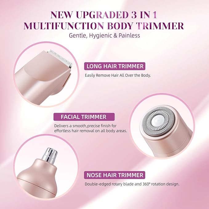 Bikini Trimmer for Women,3 in 1 Electric Razor with Ceramic Blades, IPX7 Waterproof, USB Rechargeable, Painless Hair Removal for Face,Body,Bikini Area, Travel Grooming Kit (Rose Gold)-Velvo Beauty