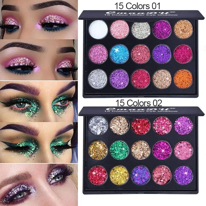 evpct 15 Color Shimmer Glitter Sparkle Glittery Eyeshadow Makeup Palette Pallet Glitter for Girl Pink Silver Red Rose Green Sparkling Sparkly Glitter Gel Pigment Eyeshadow Face Paint Makeup Palette-Velvo Beauty