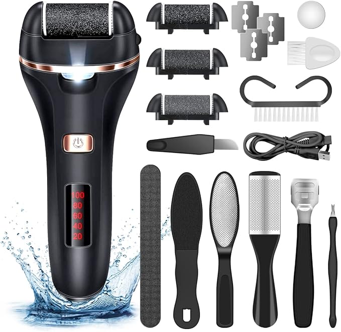Electric Callus Remover for Feet,Rechargeable Foot File Hard Skin Remover,Waterproof 14 in1 Professional Pedicure Kit for Cracked Heels &Dead Skin,with 3 Roller Heads 2 Speed-Velvo Beauty