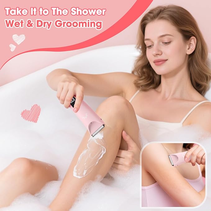 Bikini Trimmer for Women, Painless Pubic Hair Trimmer for Armpit Leg Arm Body Private Area,Rechargeable Womens Electric Razors Shaver LED Light Ceramic Blade IPX7 Waterproof Wet/Dry LCD Display,Pink-Velvo Beauty