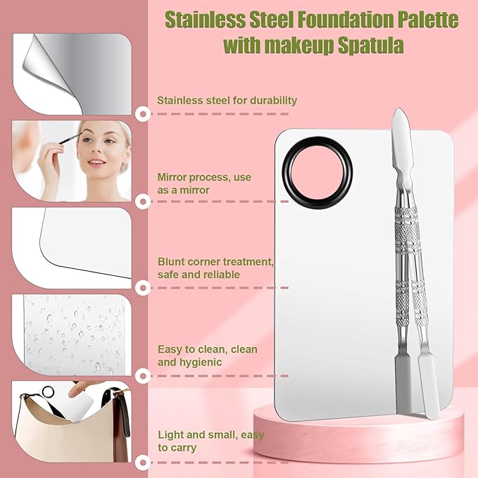 Makeup Mixing Palette Set, Makeup Hand Palette Single Use Makeup Mixing Tray Disposable Adhesive Cosmetic Makeup Palette Transparent Makeup Tape, Stainless Steel Foundation Mixing Palette with Spatula-Velvo Beauty