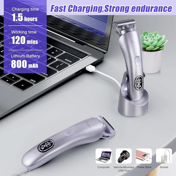 Hatteker Women's Electric Shaver Bikini Trimmer Hair Trimmer for Women LED Display Electric Razor for Legs Bikini Underarm Public Hairs Led Display IPX7 Waterproof Gift for Women (Purple)-Velvo Beauty