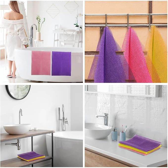 UJFQBH 3 Pieces African Bath Sponge African Net Long Net Bath Sponge Exfoliating Shower Body Scrubber Back Scrubber Skin Smoother,Great for Daily Use (Pink,Yellow,Purple)-Velvo Beauty