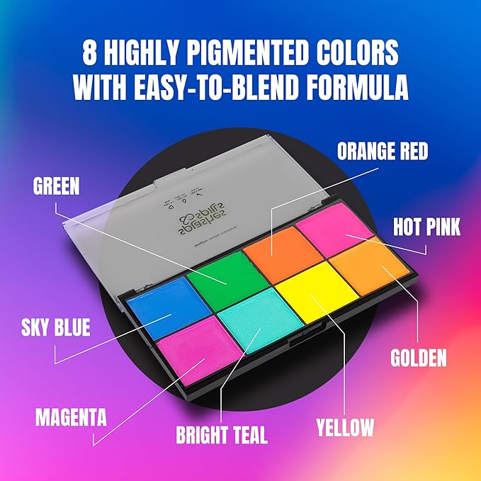 Professional Face Painting Kit - Skin Friendly Face Paint Kit - Cruelty-Free & Vegan Water Based Face Paint Makeup for Theatre, SFX and Halloween- 8 Colors 5g Each - Splashes & Spills (Neon Colors)-Velvo Beauty
