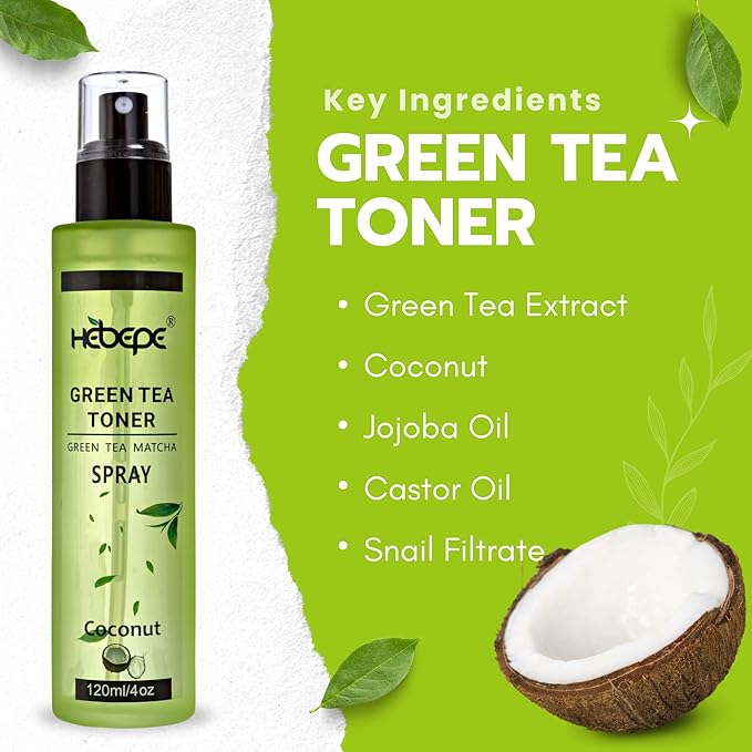 Green Tea Matcha Facial Toner Mist with Coconut Water, Refreshing, and Soothing Face Toner, with Jojoba Oil, Castor Oil, Snail Filtrate,120ml-Velvo Beauty