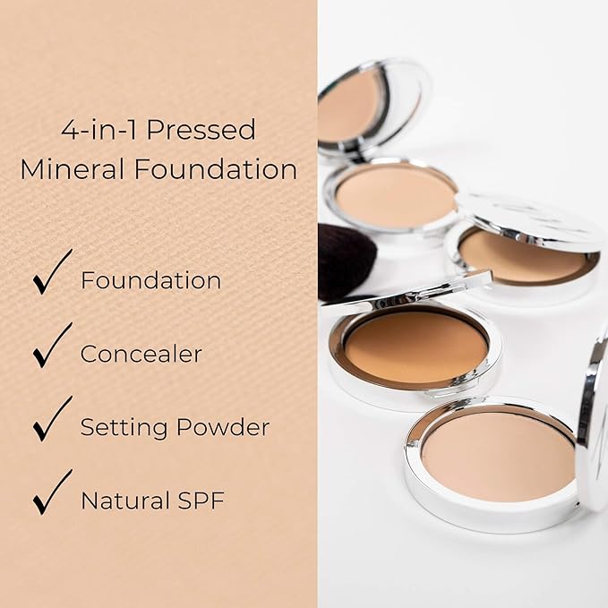 4-in-1 Pressed Foundation Powder with Natural SPF, Concealer & Finishing Powder, Medium to Full Coverage Foundation, Mineral-Based Powder (Halle, .35 oz)-Velvo Beauty