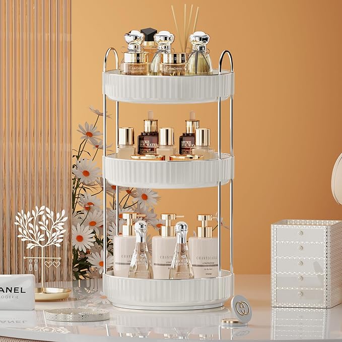 Rotating Makeup Organizer for Vanity,3 Tier High-Capacity Skincare Clear Make Up Storage Perfume Organizers Cosmetic Dresser Organizer Countertop 360 Spinning-Velvo Beauty