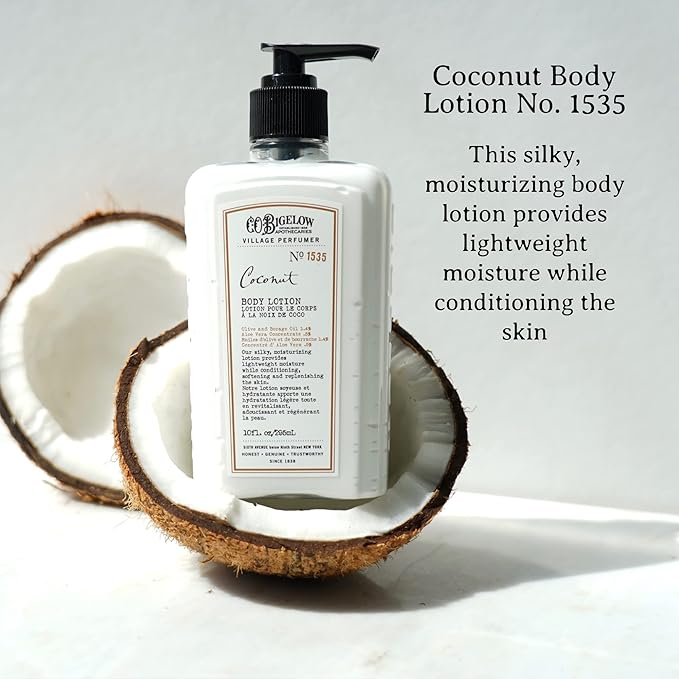 C.O. Bigelow Coconut Body Lotion, Village Perfumer Moisturizing Body Lotion with Aloe Vera, Borage Oil & Olive Oil, 10 Fl Oz-Velvo Beauty