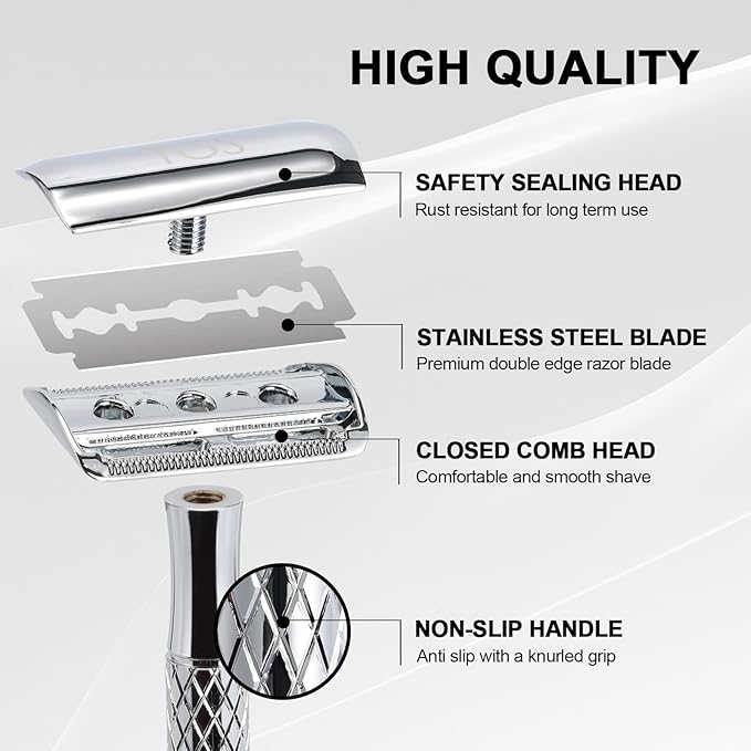 Double Edge Safety Razor for Men with Stand and Silicone Cover - Durable Metal Eco-Friendly Single Blade Safety Razor with 10 Blades- Closed Smooth Shave (Silver)-Velvo Beauty