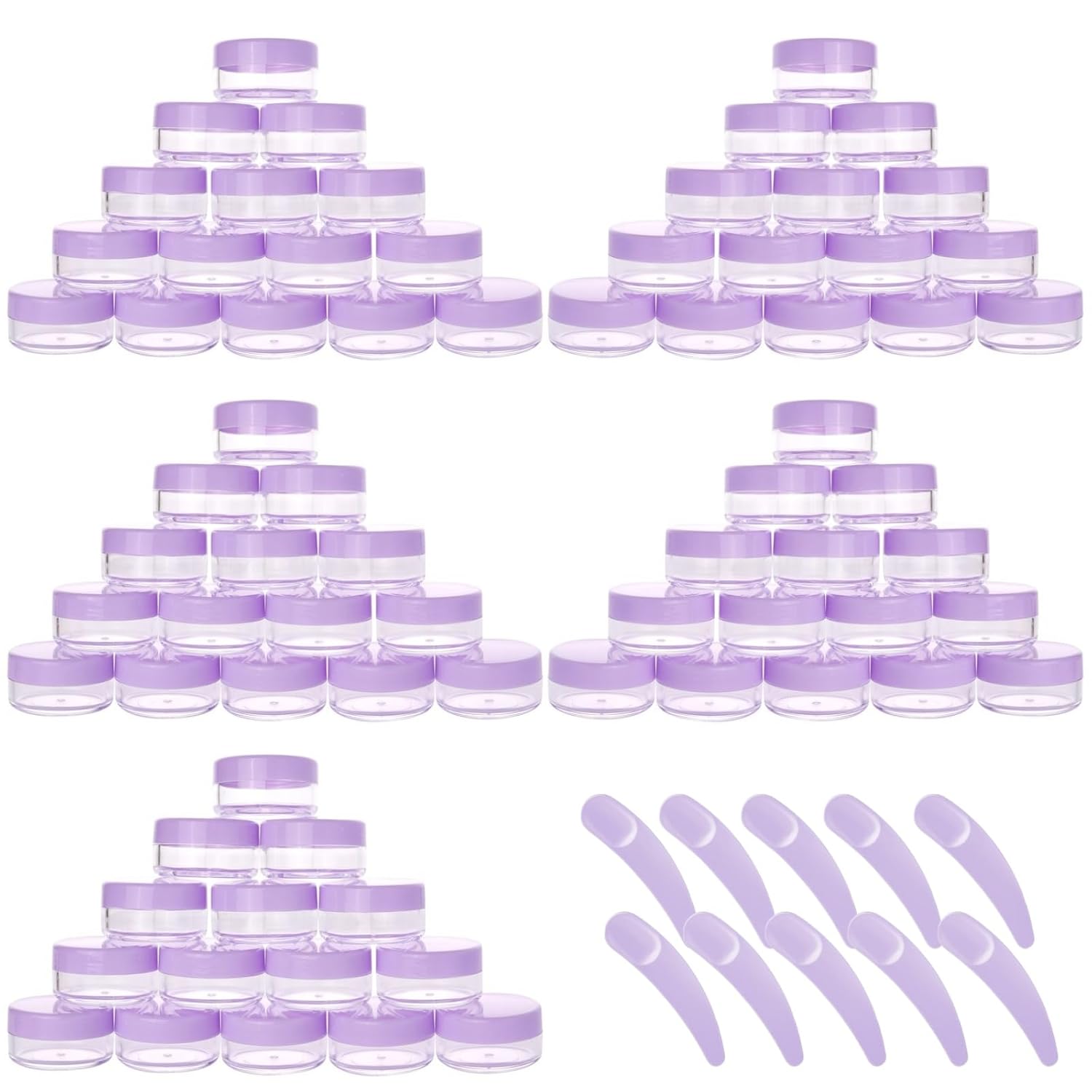 Refillable Cosmetic Sample Jars - 100 Pack 10g (0.35oz) Purple Small Travel Containers with Lids + 10 Mini Makeup Spatulas - BPA Free-Velvo Beauty