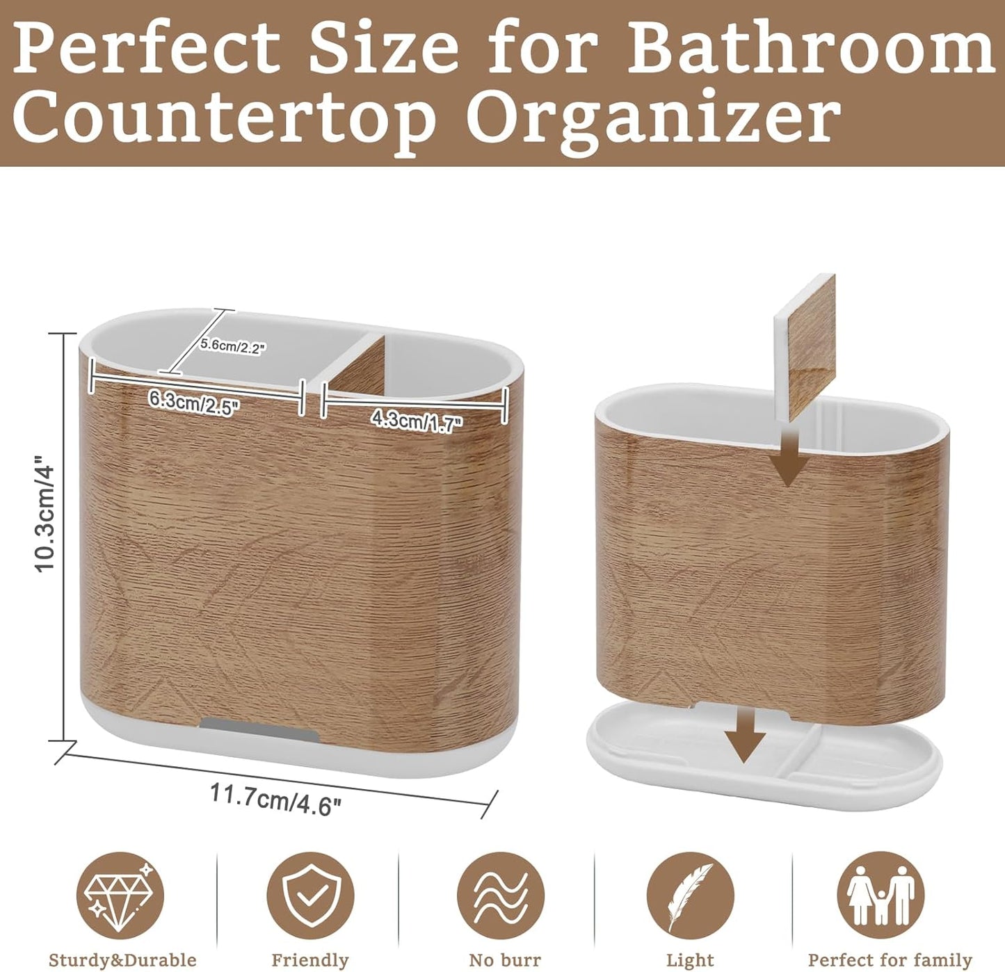 Toothbrush and Toothpaste Holder with Divider for Bathroom Countertop Organizer, 2 Slots Electric Toothbrush Holders Storage Caddy Drainage for Family, Kids(Wood Grain)-Velvo Beauty