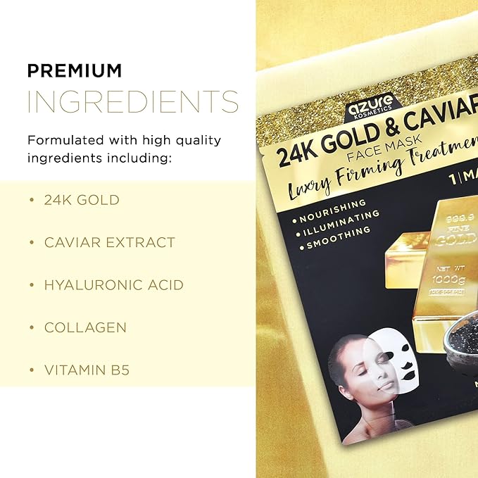 AZURE 24K Gold and Caviar Anti Aging Luxury Face Mask - Hydrating & Firming Facial Mask - Helps Reduce Wrinkles & Fine Lines with Hyaluronic Acid & Collagen - Skin Care Made in Korea - Pack of 10-Velvo Beauty